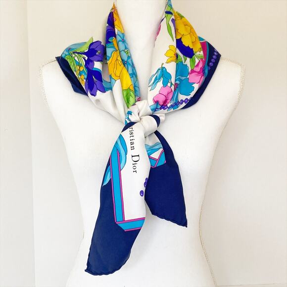 DIOR Silk Scarf Floral Print 34" x 34" Blue White - Picture 9 of 14